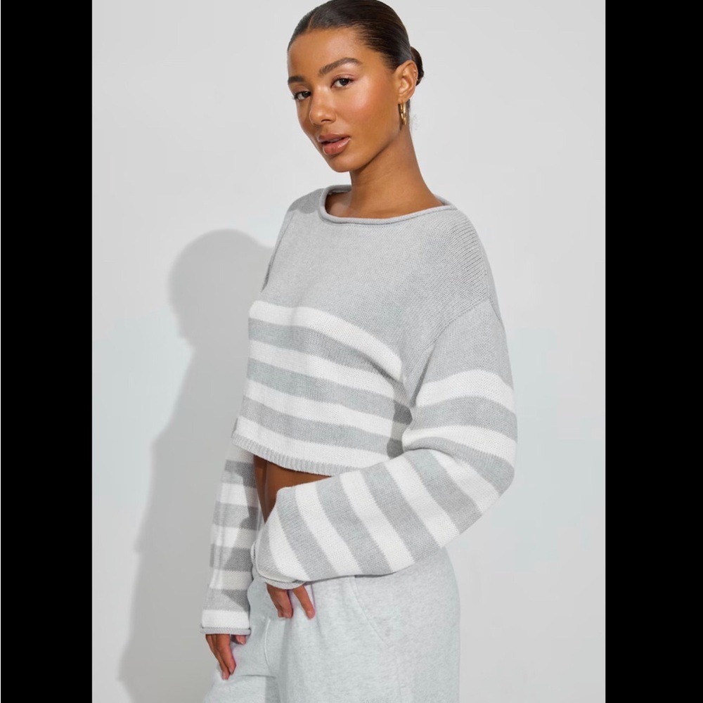 Garage Supersoft Boatneck Sweater Size XS/S Grey White Stripe Cropped Oversized